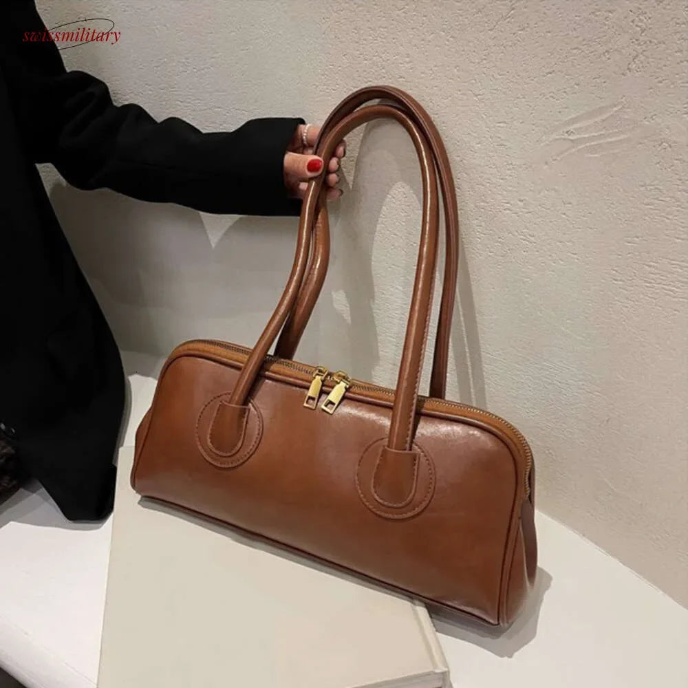 2025 New Boston Pillow Tote Women Real Leather Retro Bowling Bag Designer Handbag Large Capacity Crossbody Bags #54-25