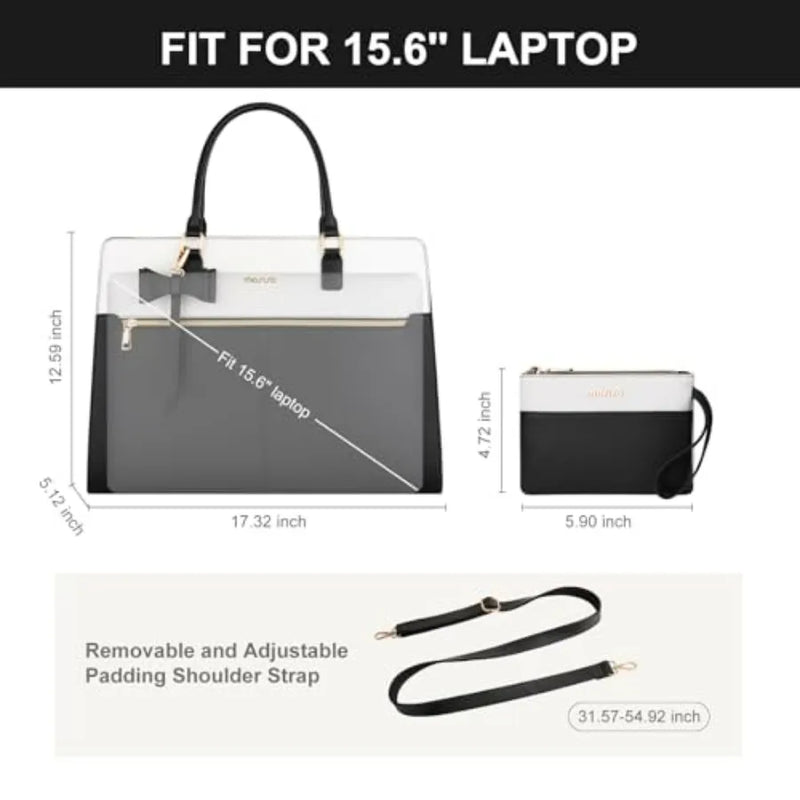 Laptop Tote Bag for Women, 15.6 inch Waterproof PU Leather Work Bag with Clutch Purse and Bowknot, Large Capacity Handbag Shoul-5