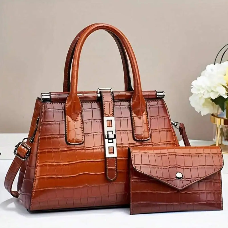 Gradient Purple Pink Crocodile Pattern Women Handbag With Flap Wallet Set-8