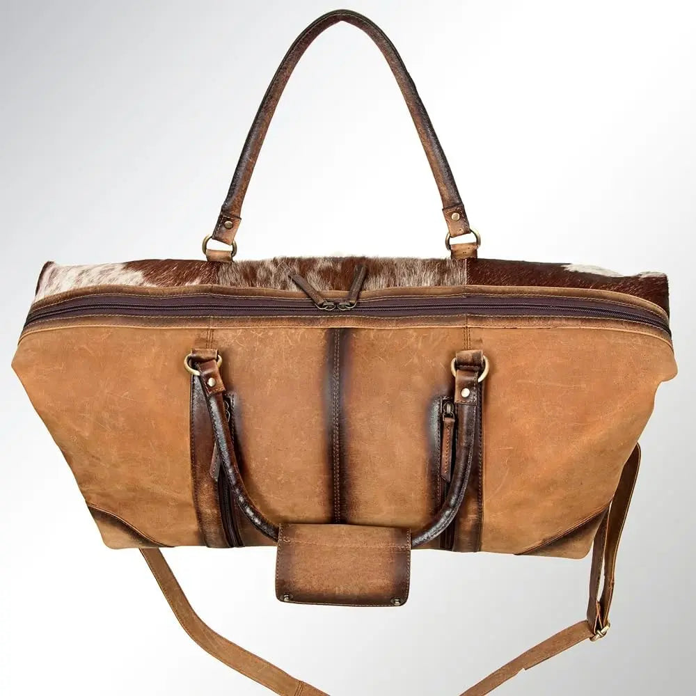 Hair On Cowhide Leather Duffel Bag, Genuine Vegetable Tanned Leather Travel Luggage, Overnight Weekend Trip Carry On Organizer, Portable Clothes Storage Container, Western Style-3