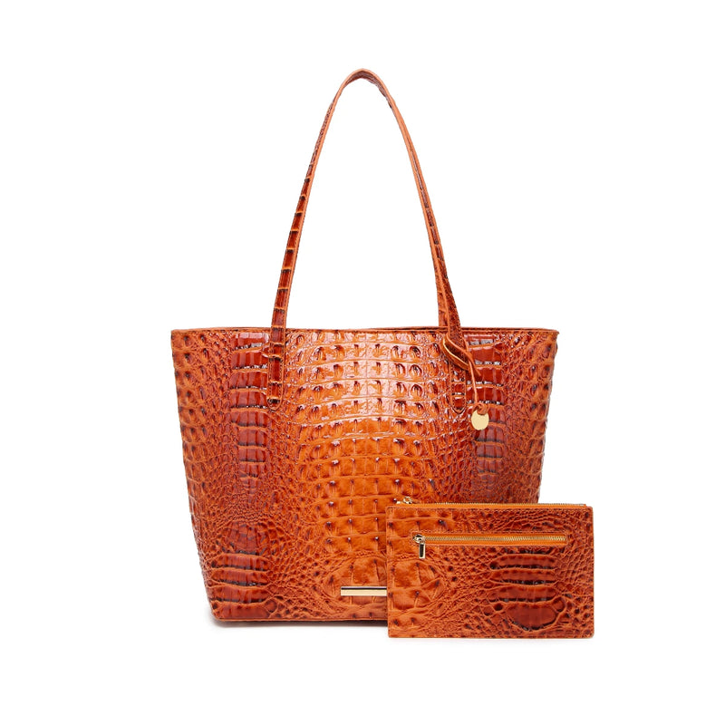Glossy Croc Embossed Tote Bag with Detachable Wristlet Set, Large Capacity Shoulder Tote for Work Travel Beach Outdoor Activitie-1