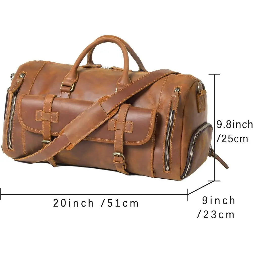 Light Brown Genuine Leather Weekender Bag for Men: Travel & Gym Duffle-13