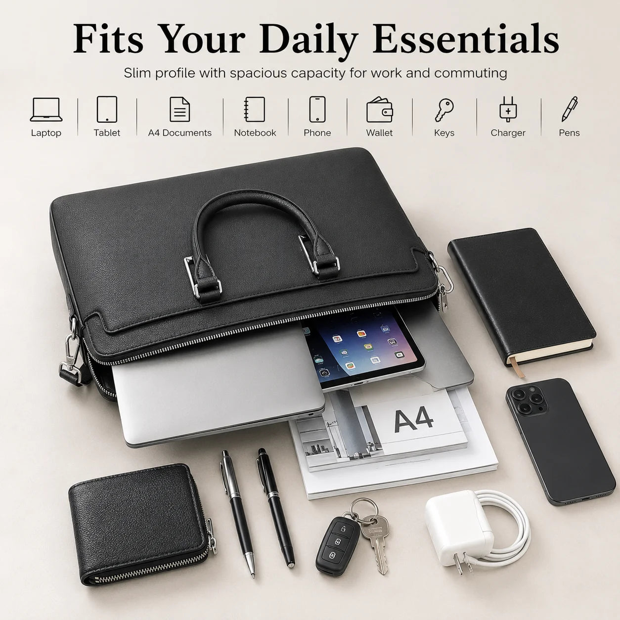 Classic Mens Top Handle Bags Black Genuine Leather Briefcase Business Office Travel Shoulder Bags Luxury Laptop Handbags for Men Work-4