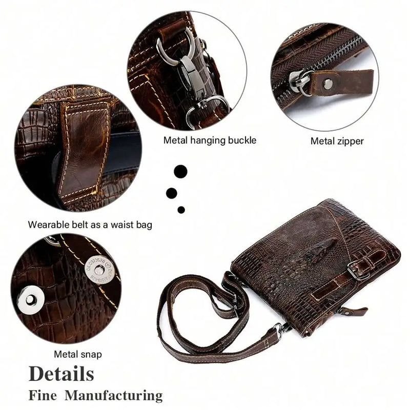 Crocodile Grain First Layer Cowhide Leather Men's Bag Flap Business Men's Shoulder Bag Crossbody Bag-3