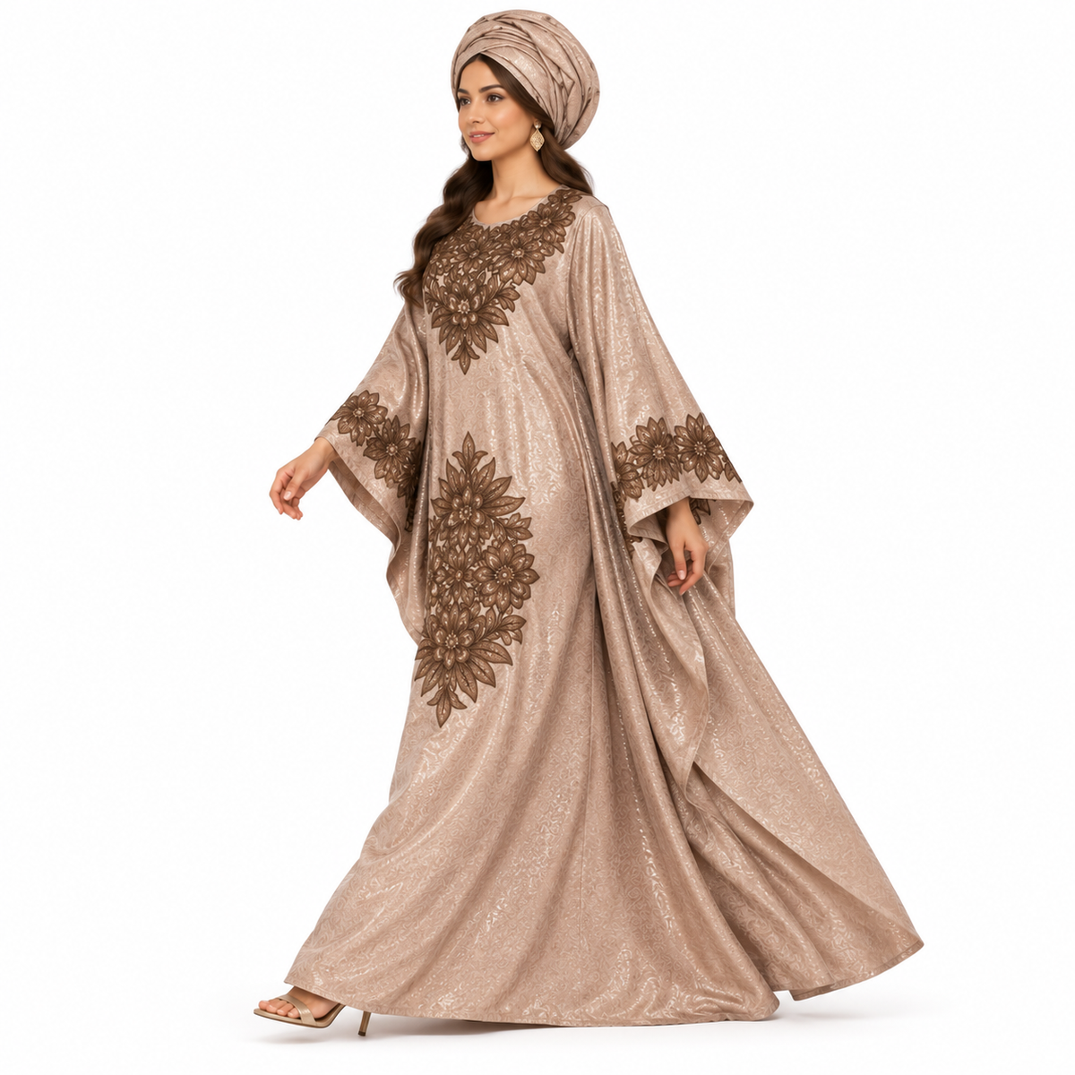 Shimmering Taupe Floral Embroidered Luxury Kaftan-4