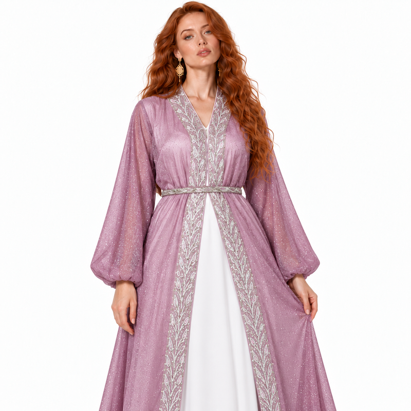 Mauve Silver Embroidered Elegant Lebaran Kaftan-4