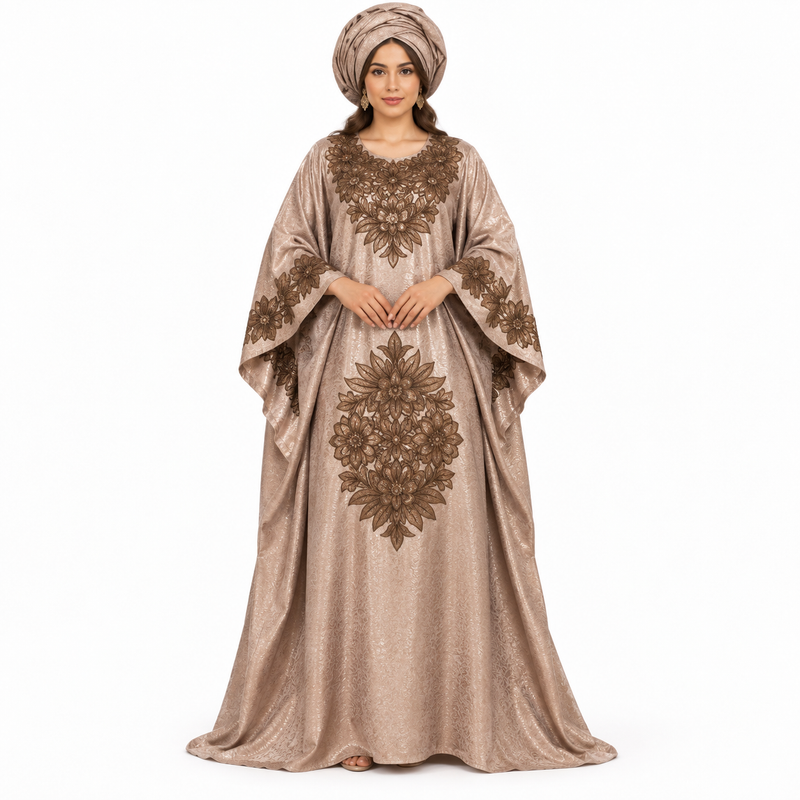 Shimmering Taupe Floral Embroidered Luxury Kaftan-1