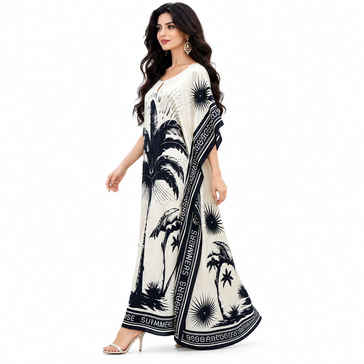 Champagne Tropical Print Relaxed Kaftan Dress-3