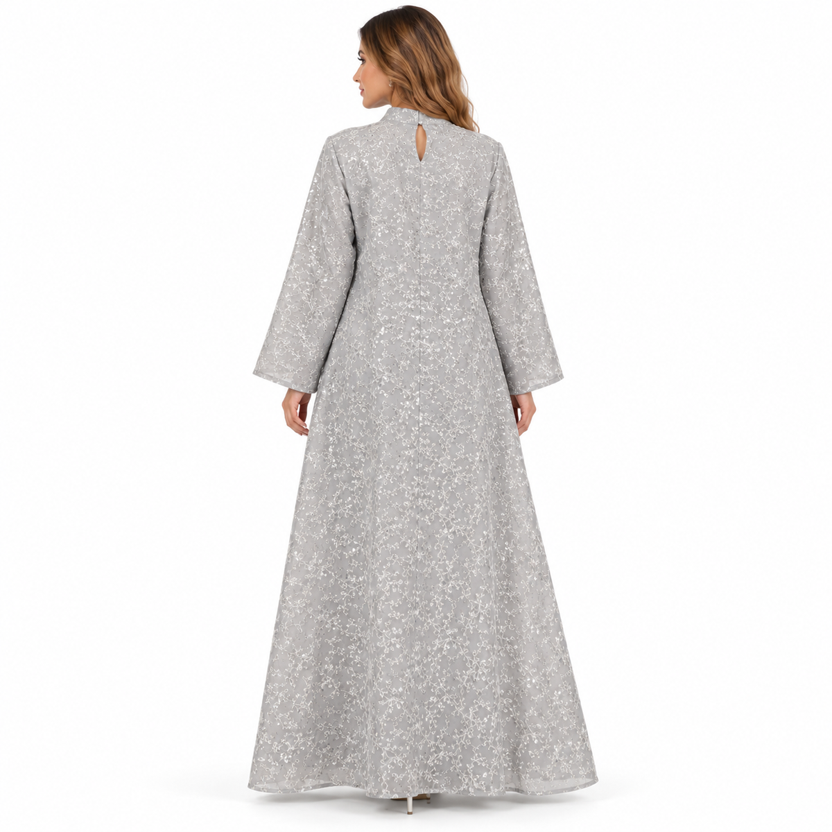 Elegant Silver Grey Embroidered Sequin Kaftan-4