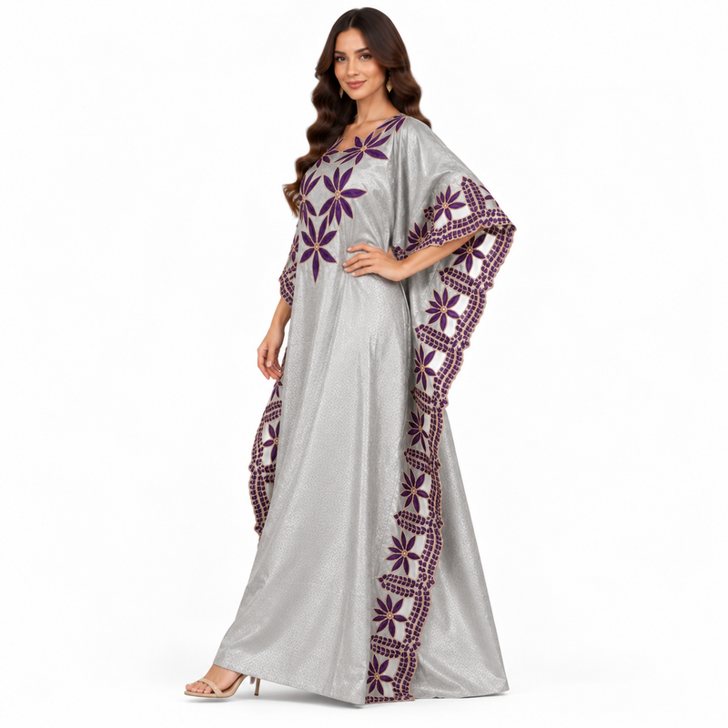 Silver Purple Floral Embroidered Kaftan Dress-2
