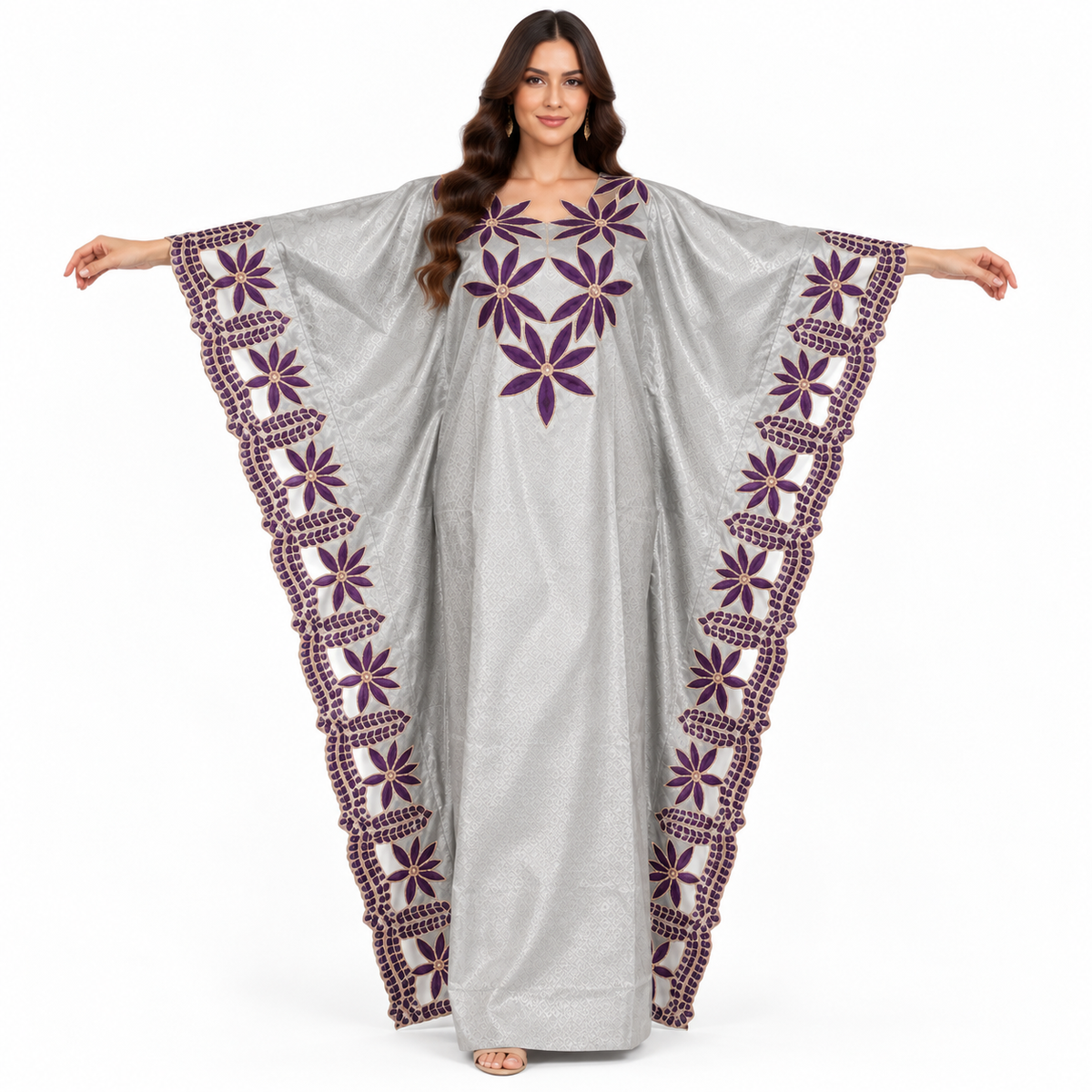 Silver Purple Floral Embroidered Kaftan Dress-1