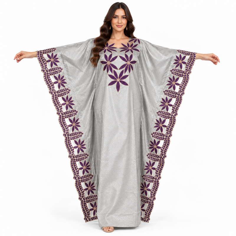 Silver Purple Floral Embroidered Kaftan Dress-1