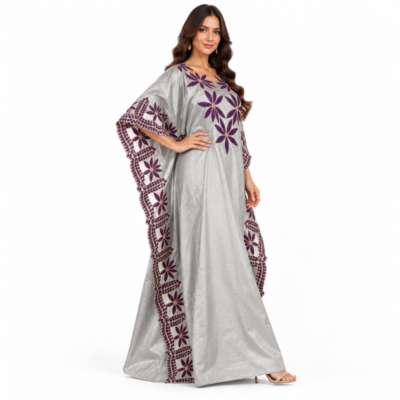 Silver Purple Floral Embroidered Kaftan Dress-3