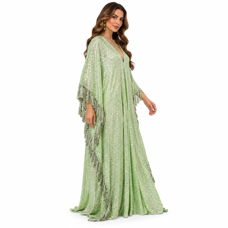 Yellow Green Sequin Fringe Kaftan Dress-2