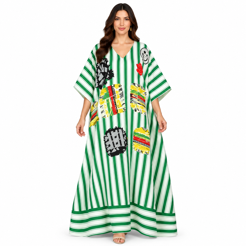 Green White Striped Artistic Women’s Kaftan-1