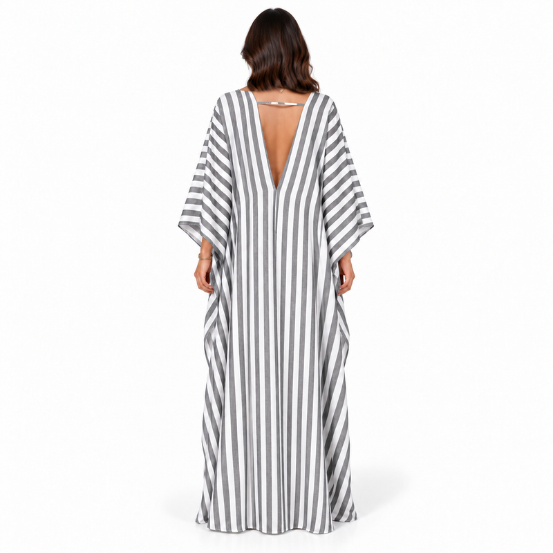 Elegant Grey White Striped Maxi Kaftan-4