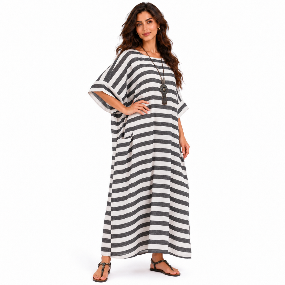 Elegant Black Striped Relaxed Linen Kaftan-3