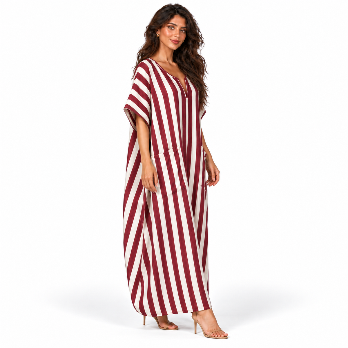 Elegant Burgundy Striped Linen Maxi Kaftan-2