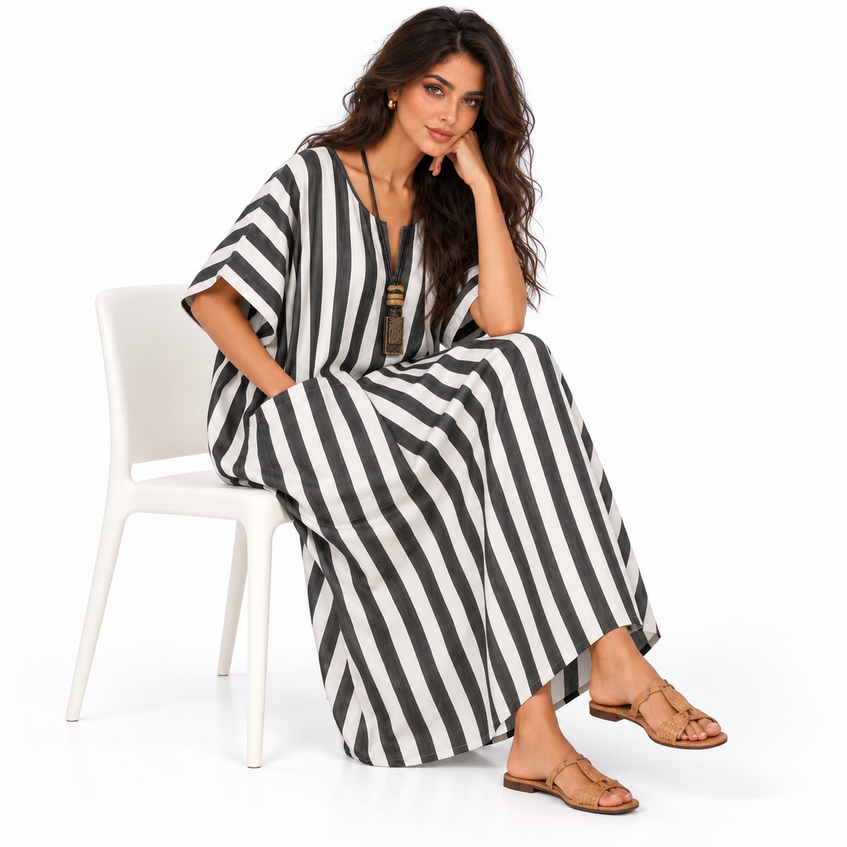 Elegant Black White Striped Linen Kaftan
