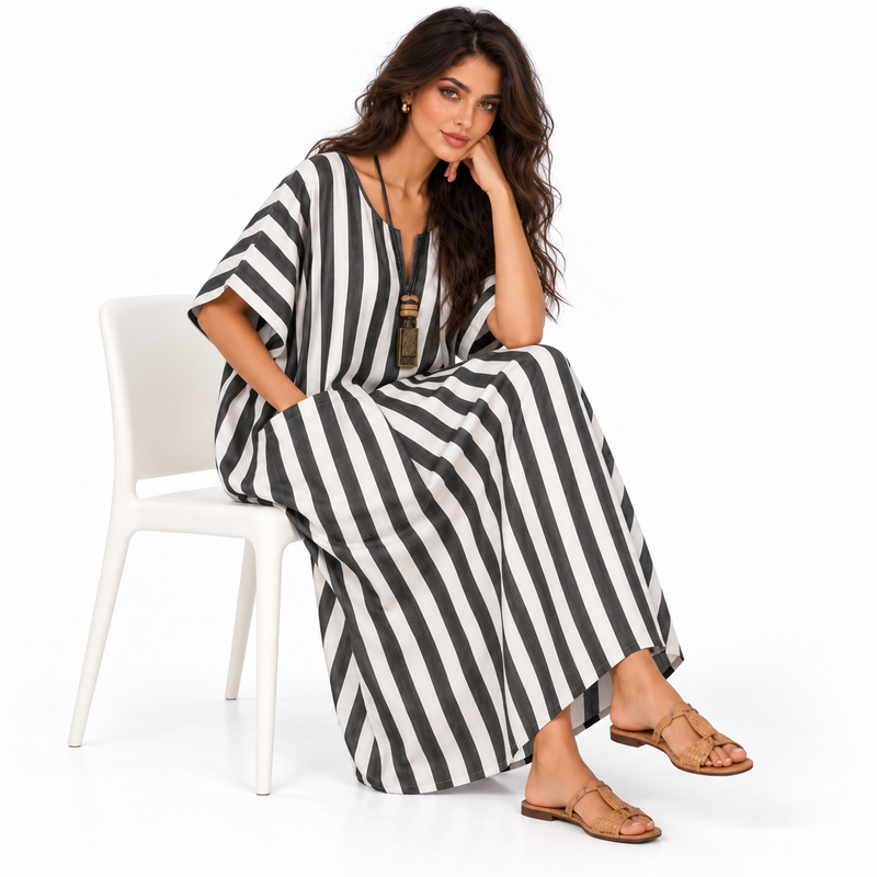 Elegant Black White Striped Linen Kaftan-2