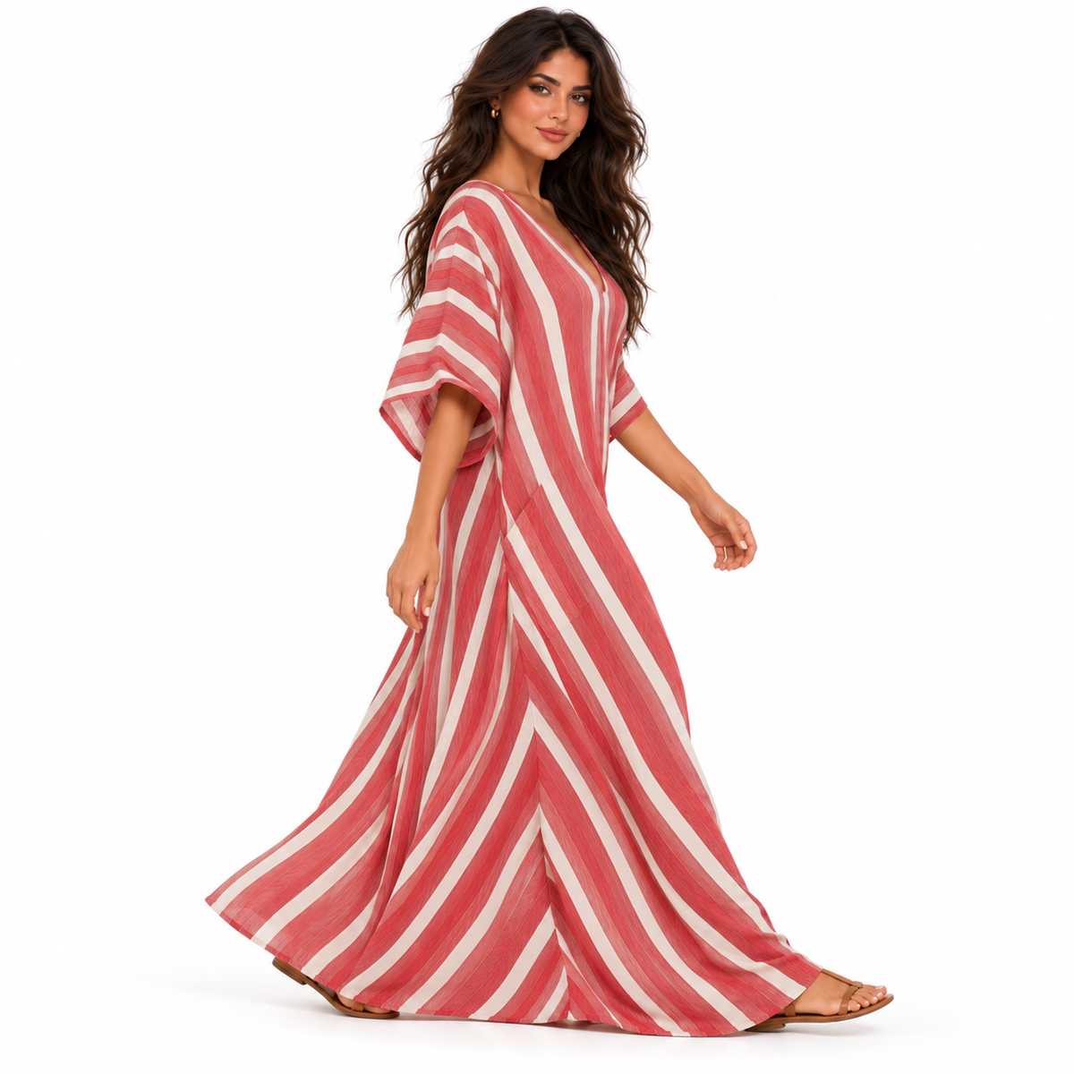 Red And White Striped Linen Kaftan-3