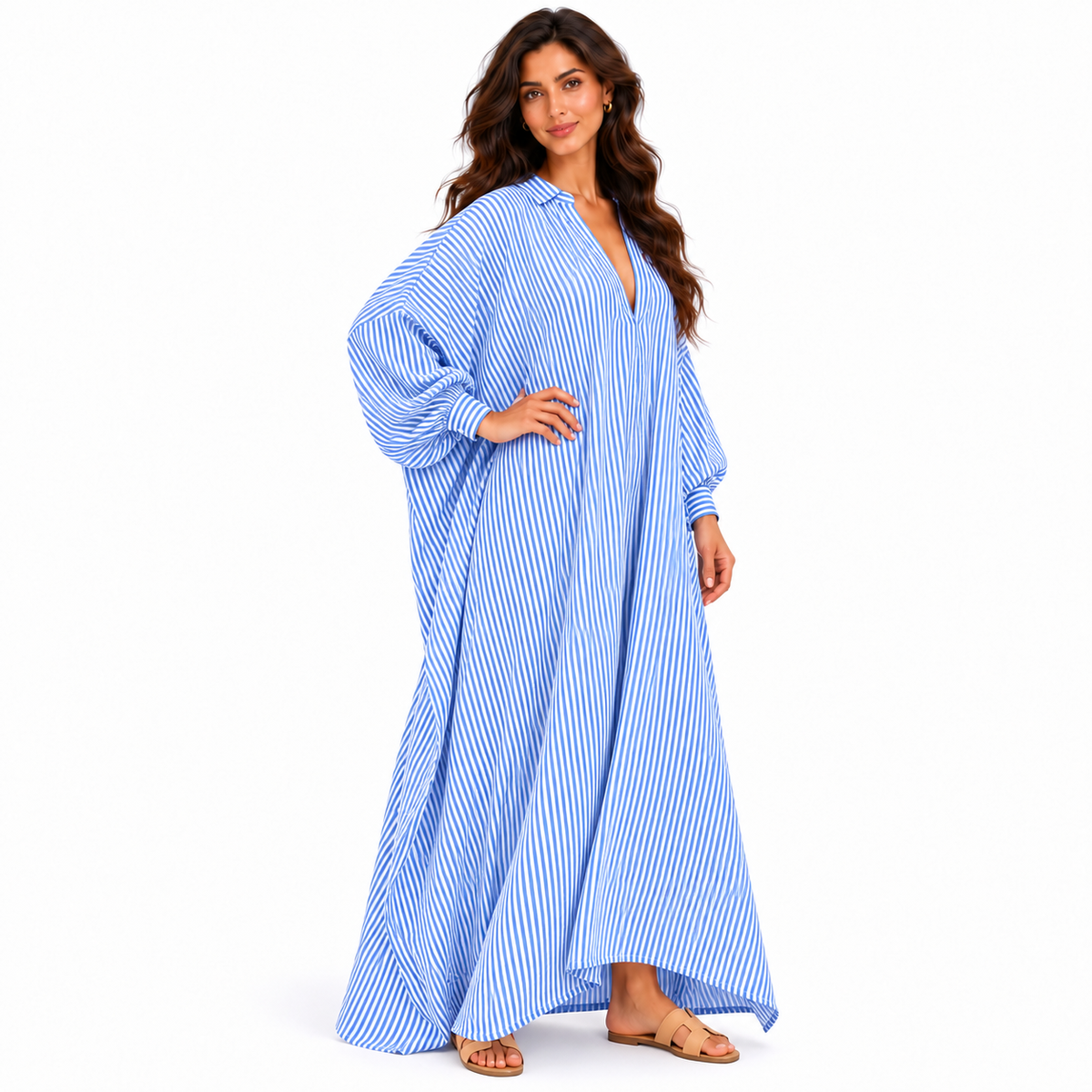 Elegant Blue Striped Oversized Linen Kaftan