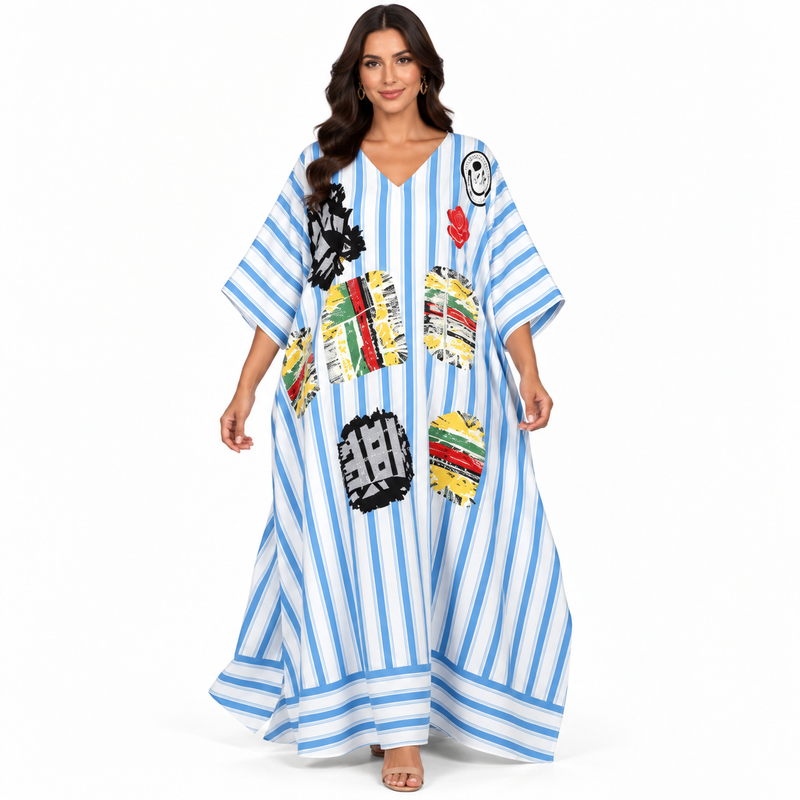 Blue White Striped Artistic Women’s Kaftan-1