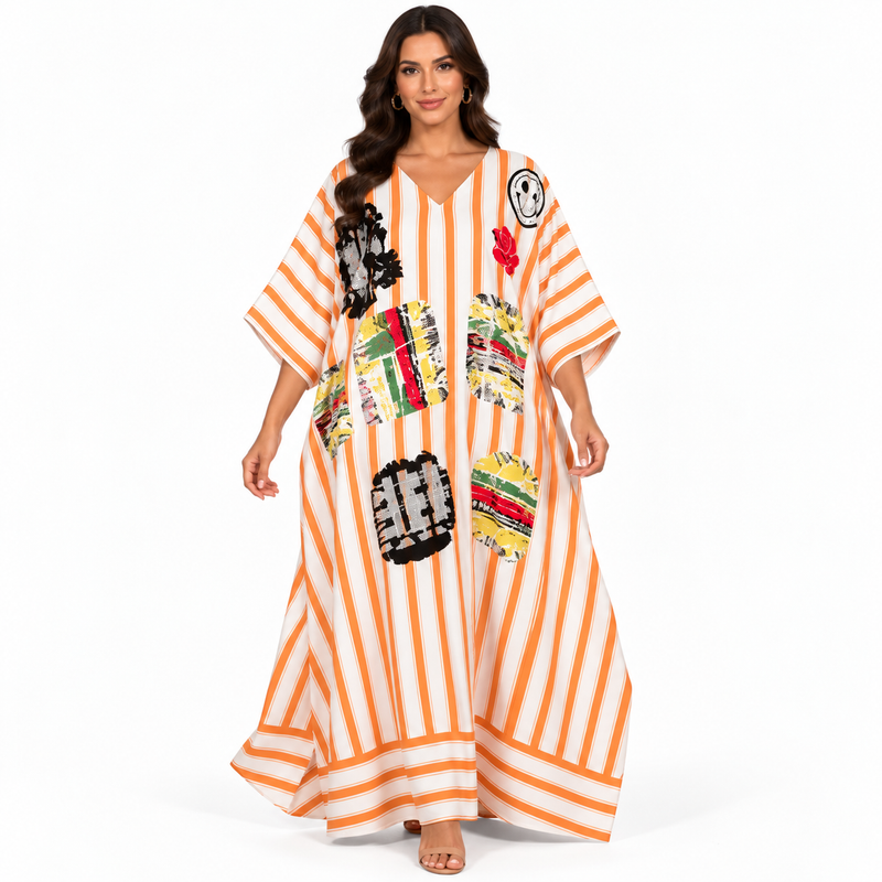 Orange White Striped Artistic Women’s Kaftan-1
