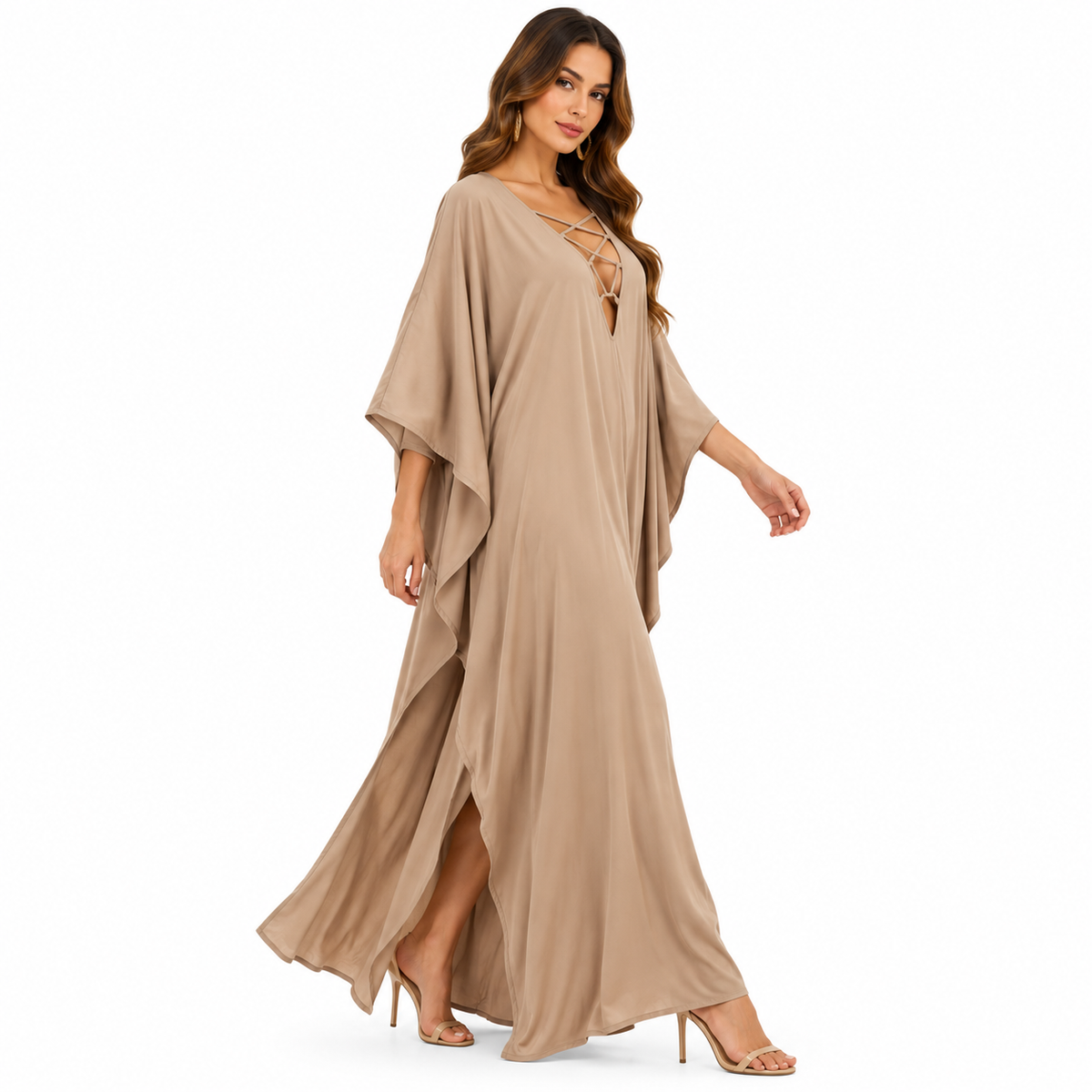 Taupe Lace-Up Flowing Kaftan Maxi Dress-3