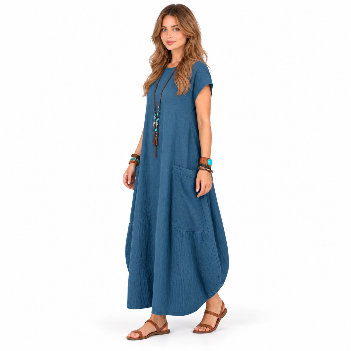 Cotton Kaftan Elegant Blue Pocket Dress-3