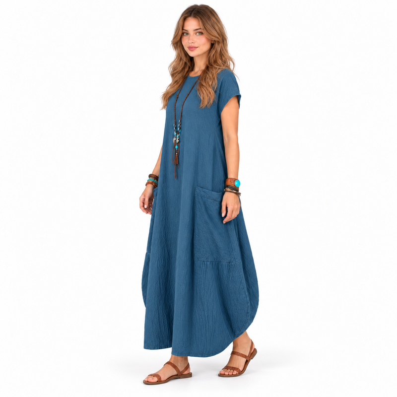 Cotton Kaftan Elegant Blue Pocket Dress-3