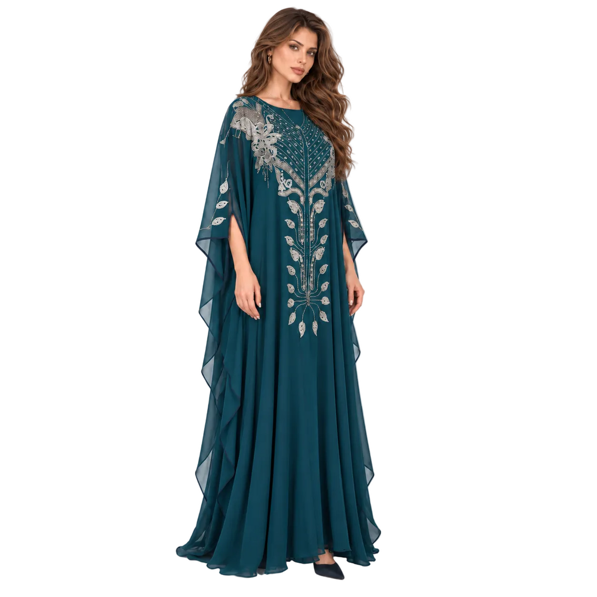 Teal Silver Embellished Flowing Kaftan Dress-2