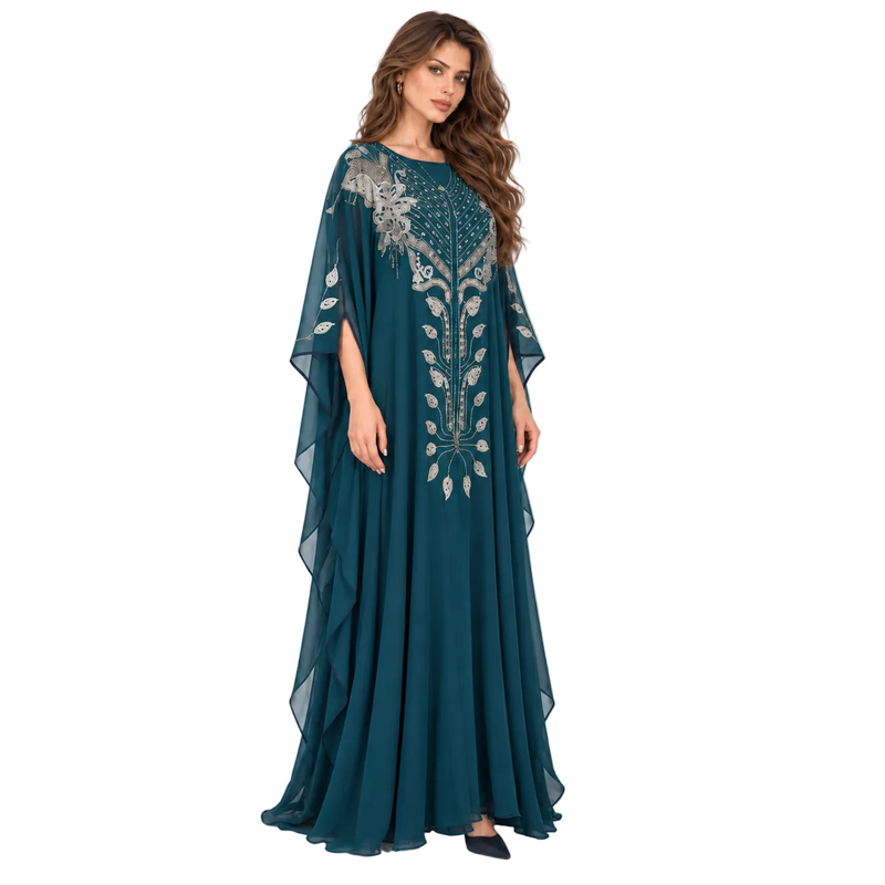 Teal Silver Embellished Flowing Kaftan Dress-2