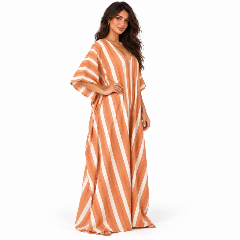 Elegant Orange Striped Linen Kaftan Dress-3