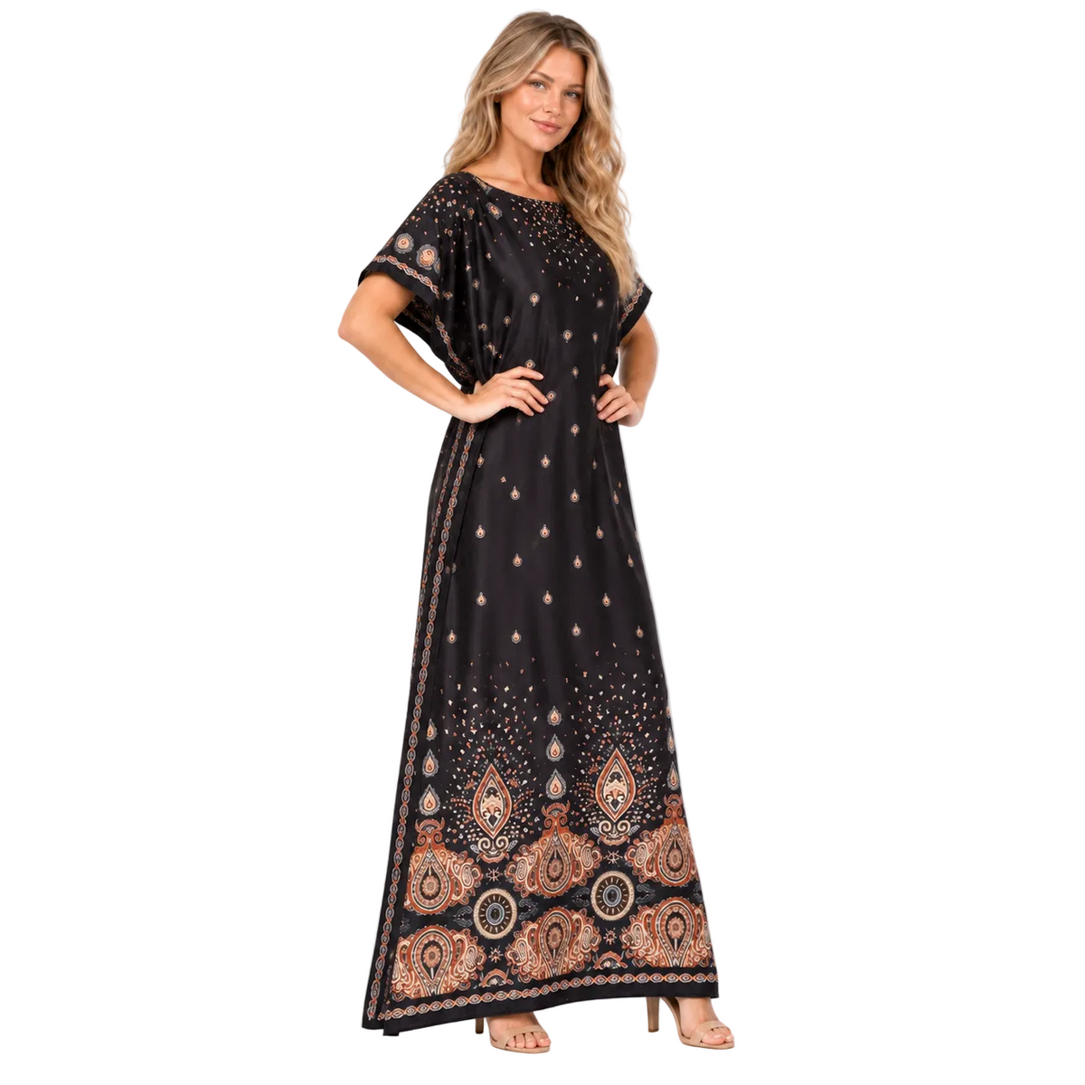 Black Paisley Print Silk Satin Kaftan-3