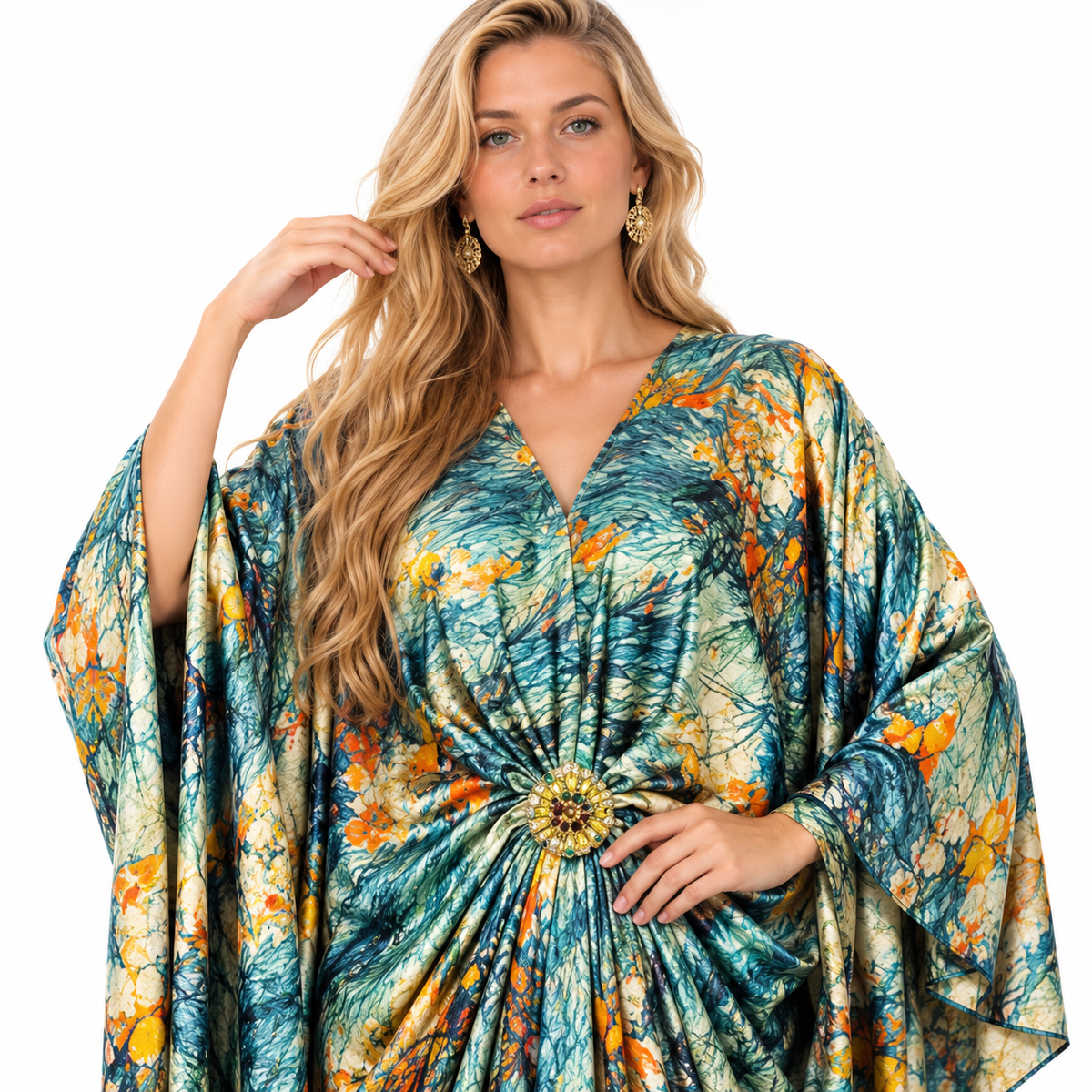 Blue Tropical Print Elegant Batwing Kaftan-4