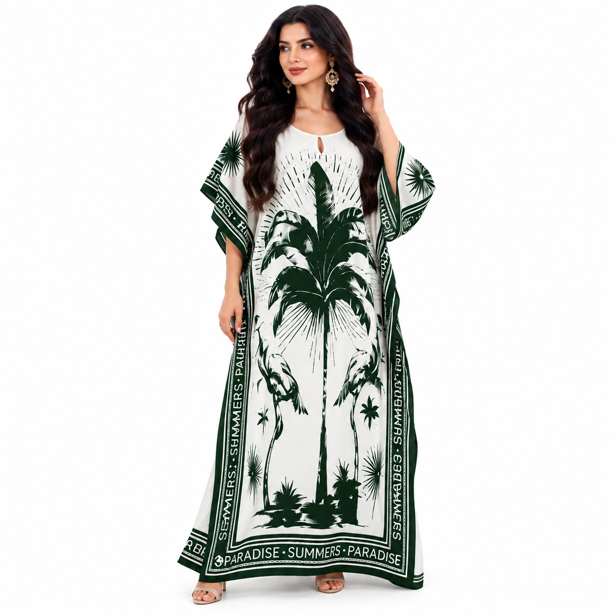 Dark Green Tropical Print Kaftan Dress-1