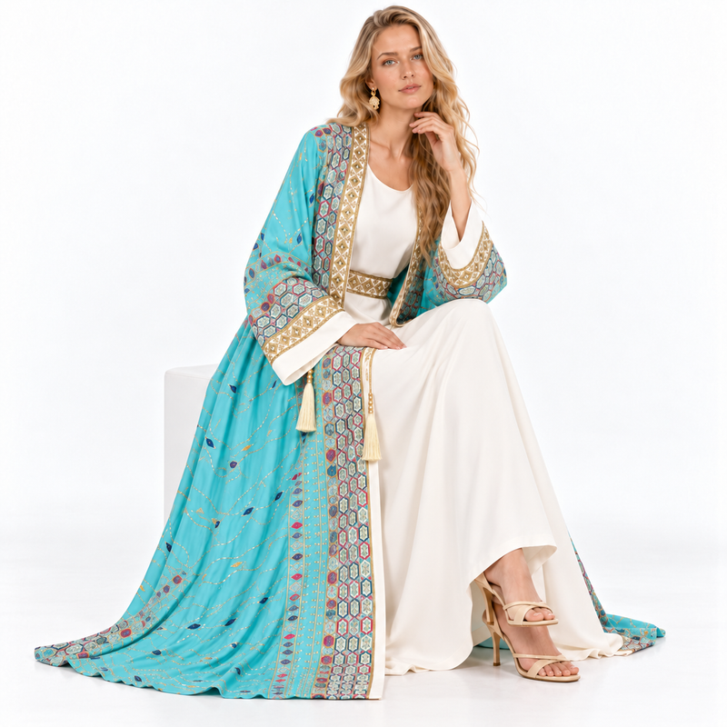 Elegant Blue Embroidered Two Piece Kaftan-3
