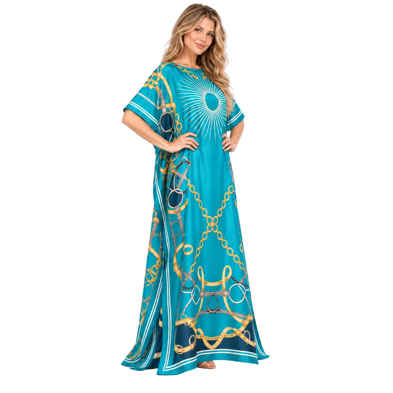 Sky Blue Gold Chain Silk Satin Kaftan-3