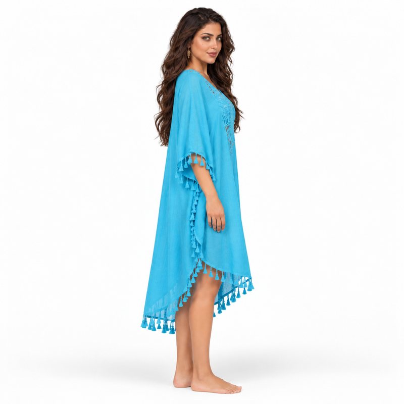 Blue Crochet Tassel Relaxed Beach Kaftan-3