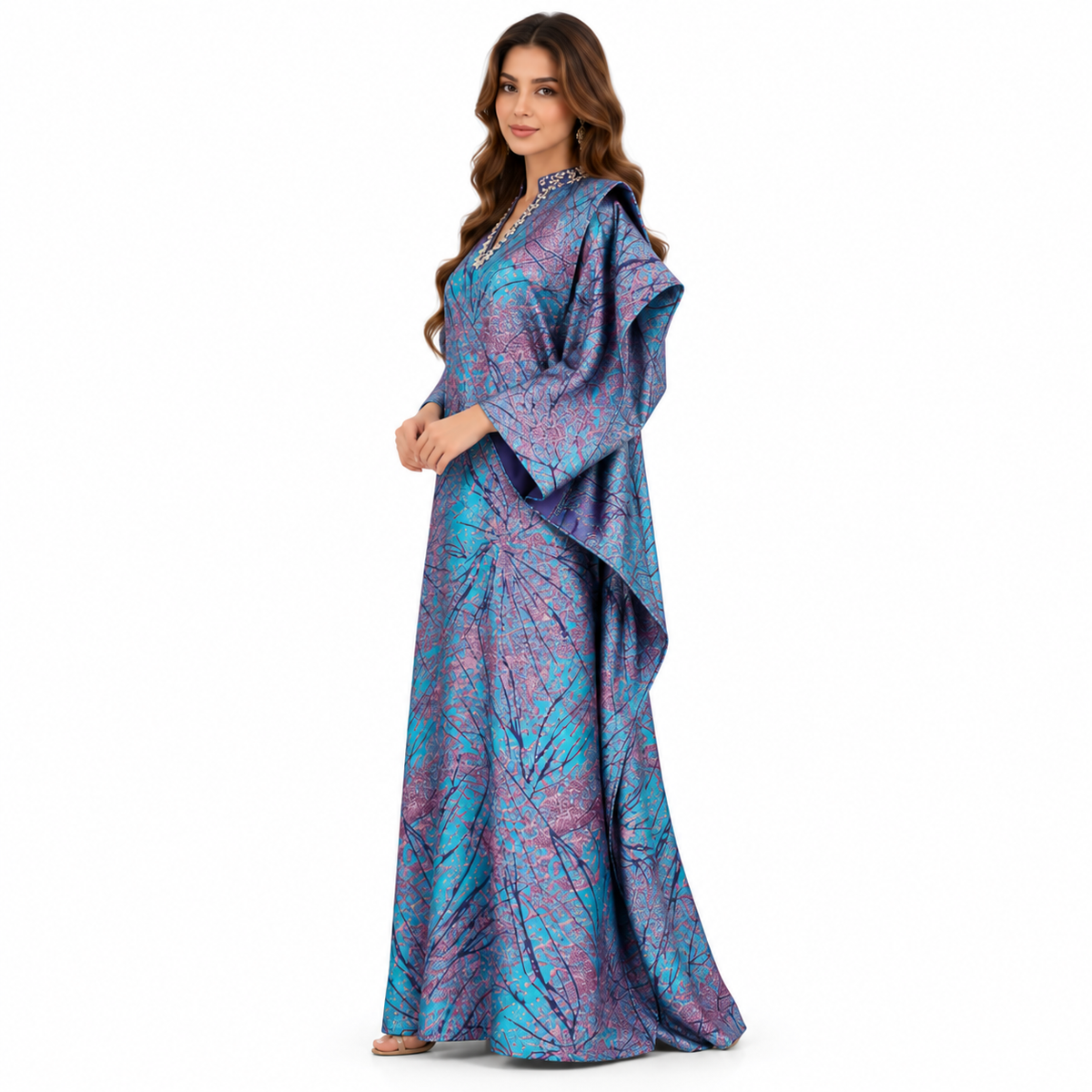 Turquoise Purple Printed Luxury Baju Kaftan