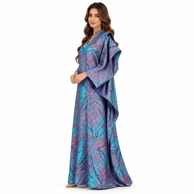 Turquoise Purple Printed Luxury Kaftan Dress-2