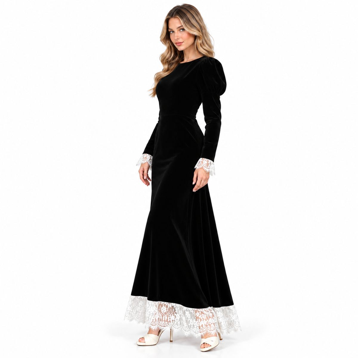 Elegant Black Velvet Kaftan Lace Dress-2