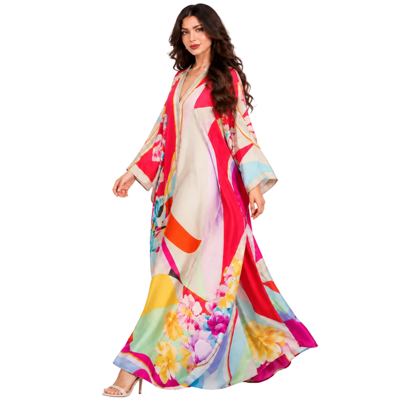 Red Abstract Floral Print Maxi Kaftan-3