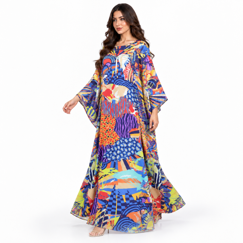 Vibrant Abstract Print Flowing Maxi Kaftan-2