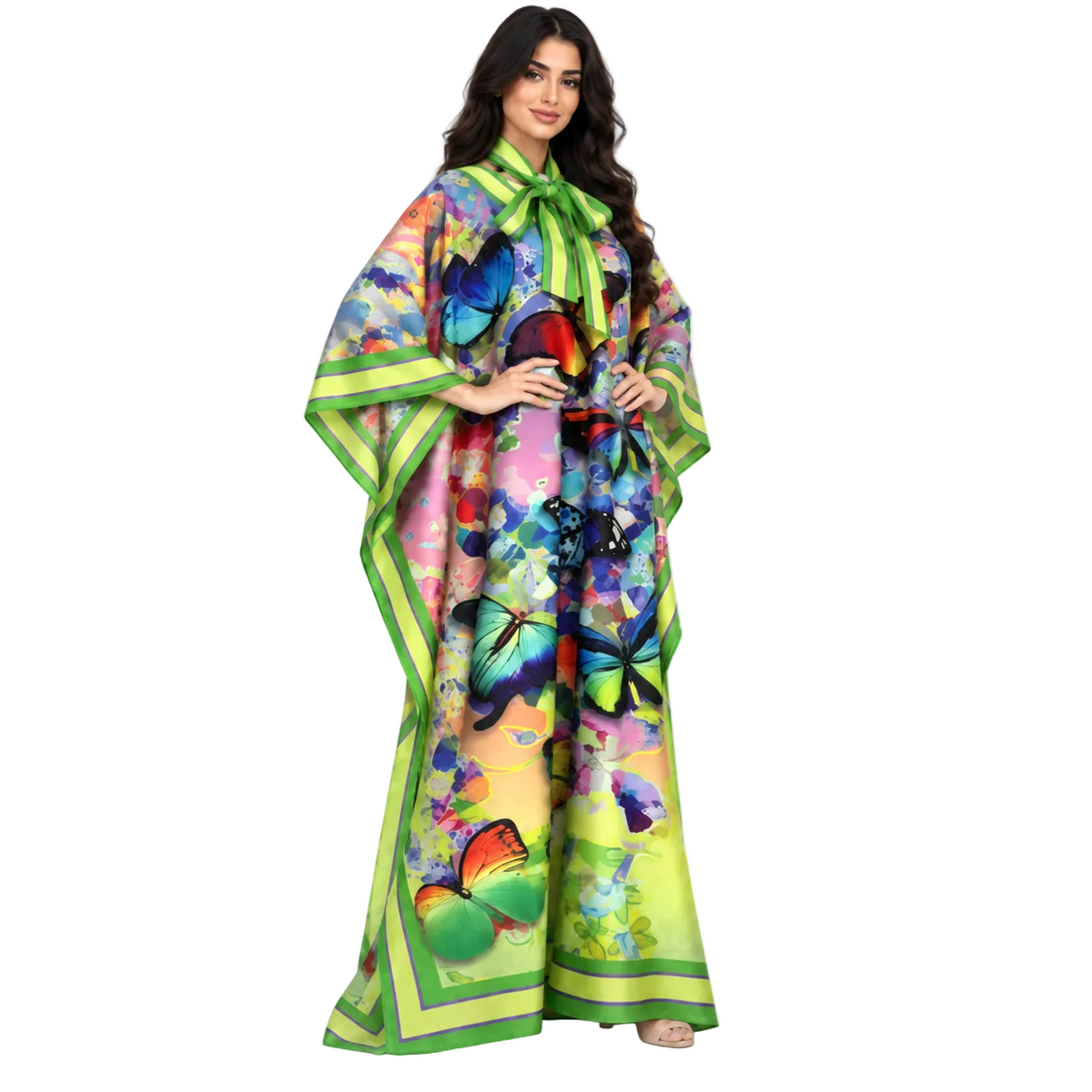 Elegant Multicolor Butterfly Print Satin Kaftan-3