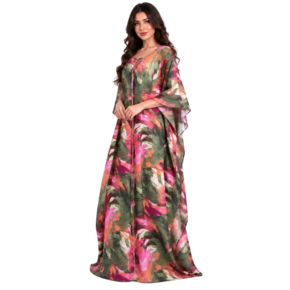 Vibrant Floral Print Satin Batwing Kaftan-3