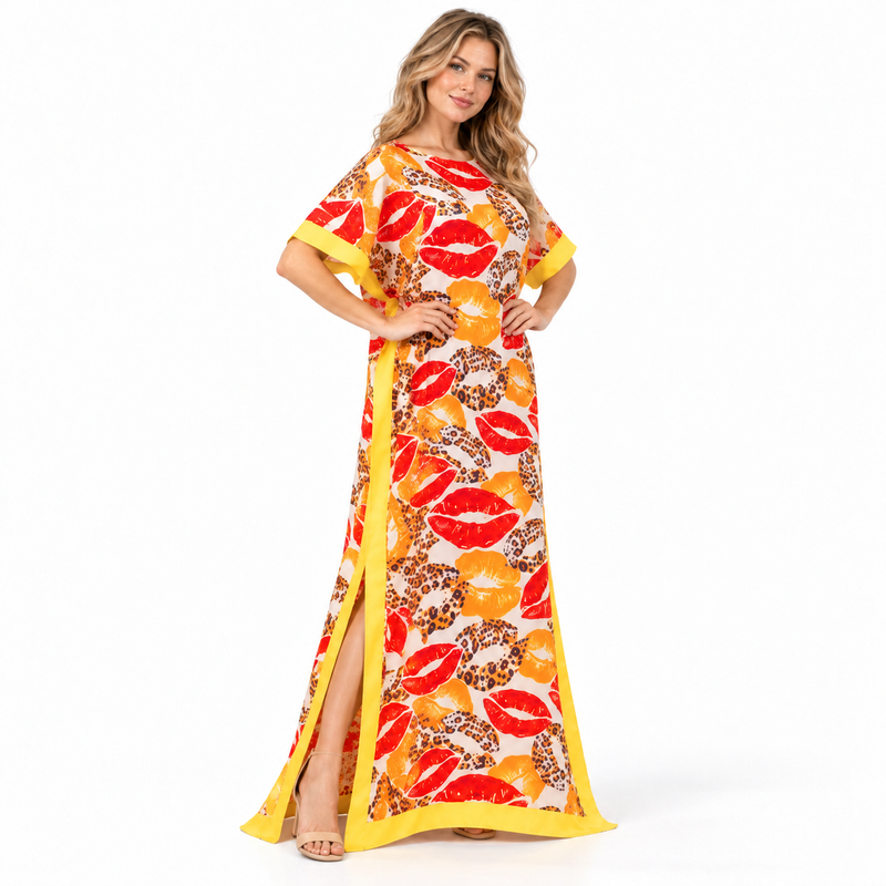Yellow Leopard Print Silk Satin Kaftan-2