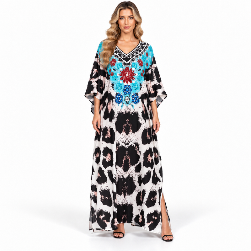 Elegant Turquoise Floral Print Modern Kaftan-1