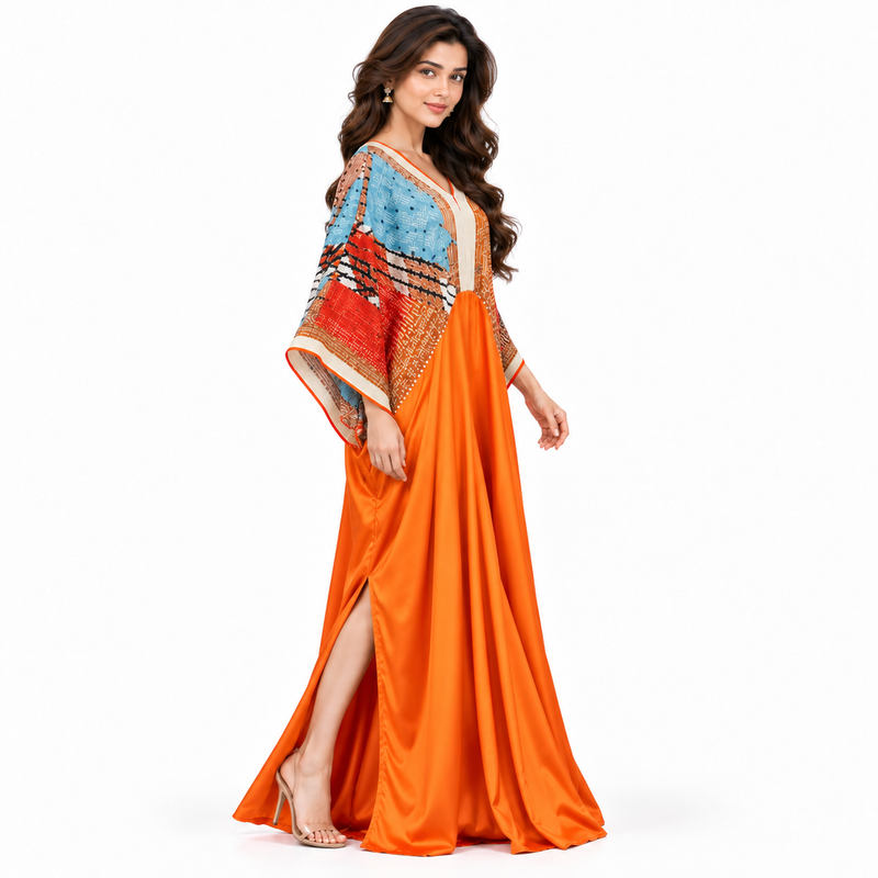 Elegant Orange Multicolor Pakistani Kaftan Dress-2